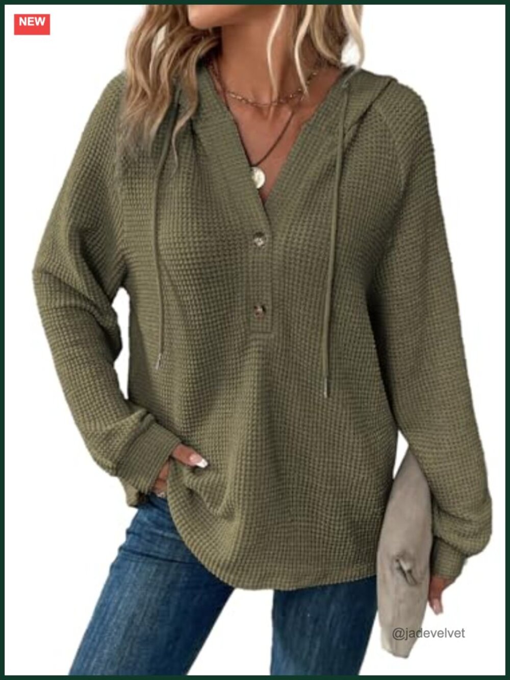Waffle Knit Hoodie V Neck Button Front Oversized Pullover Sweatshirt
